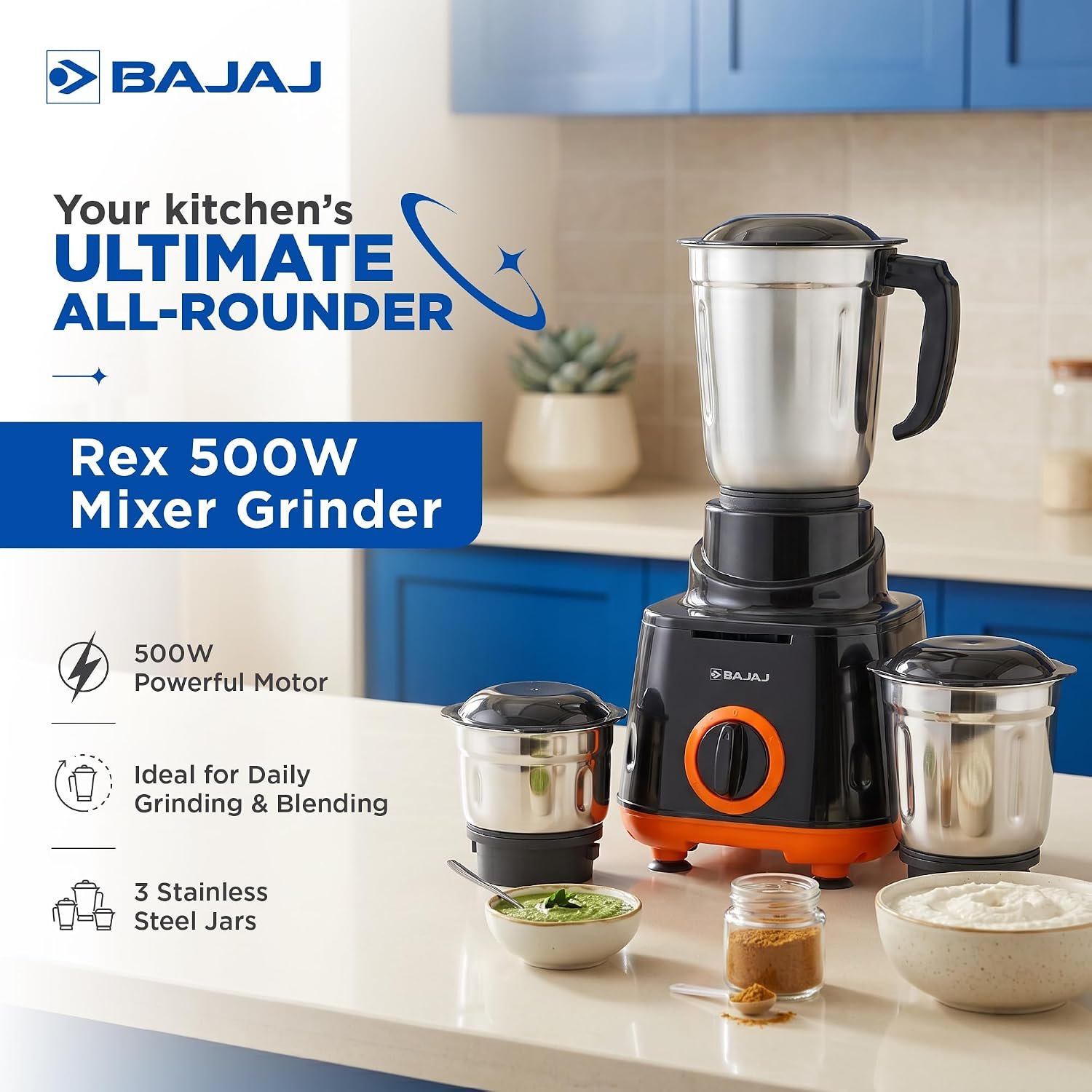 Bajaj Rex 500W Mixer Grinder, 3 Jars (Part No. 410162) detail view